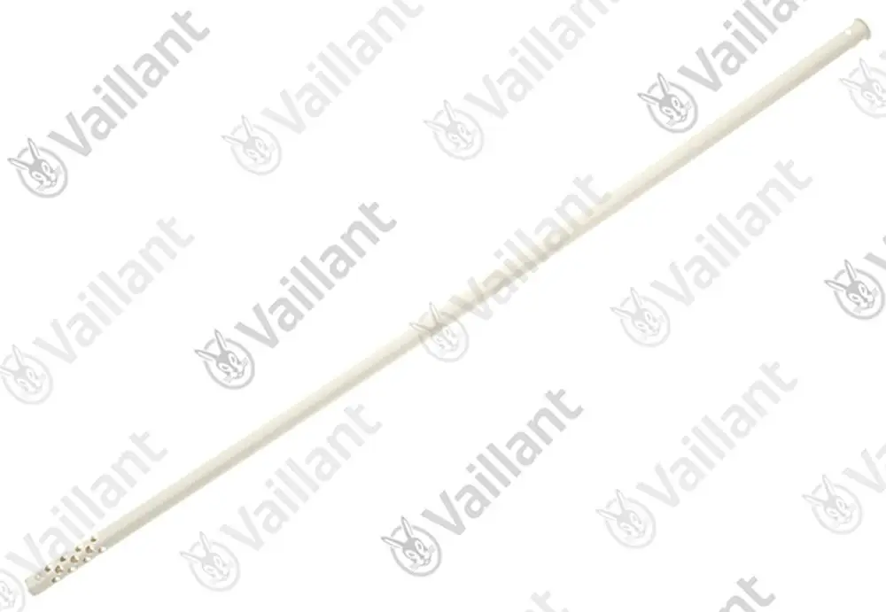 Vaillant Rohr in heller Farbe, lang und zylindrisch geformt, mit einer perforierten Endseite für den Anschluss oder die Verbindung in einem Heizsystem.